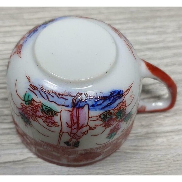 Japanese Kutani Geisha Lithophane Tea Cup & Saucer Set Red Blue White Vintage - Picture 5 of 11